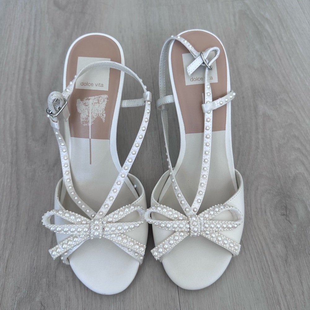 Dolce Vita Pearl-Embellished White Bow Slingback Bridal Heels